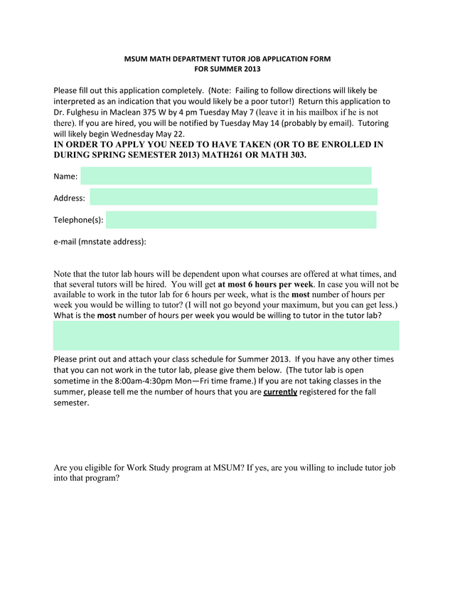 MSUM MATH DEPARTMENT TUTOR JOB APPLICATION FORM screenshot