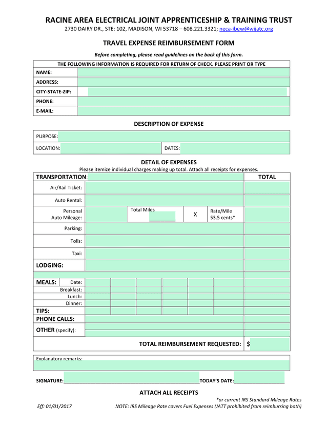 Travel Expense Reimbursement Form screenshot