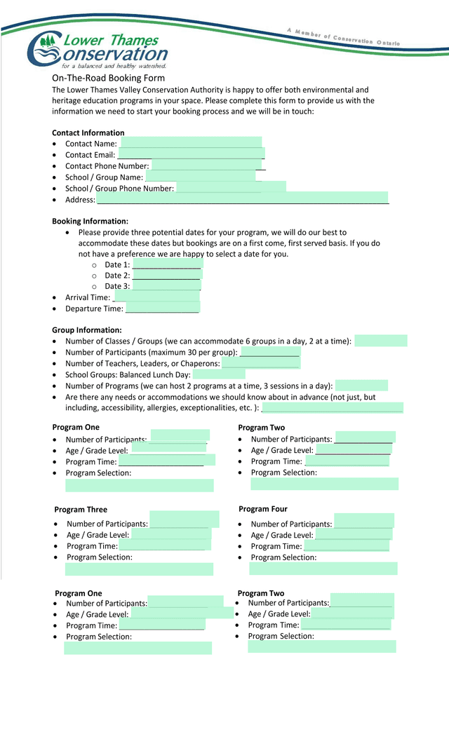 On The Road Booking Form screenshot
