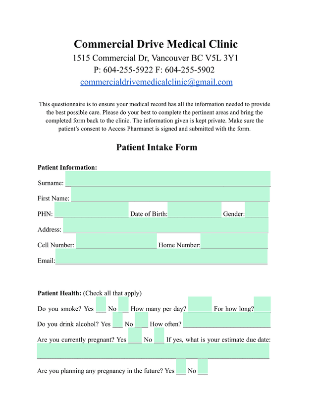 Patient Intake Form screenshot