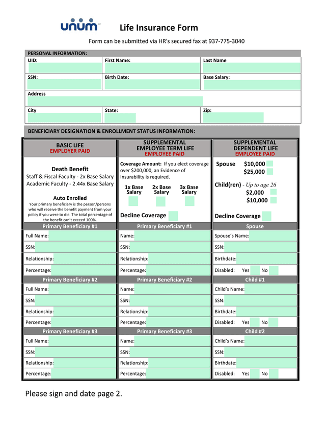 Life Insurance Form screenshot