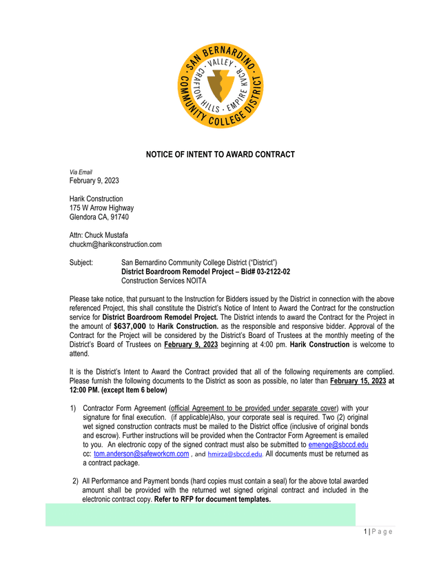 Notice Of Intent To Award Contract screenshot