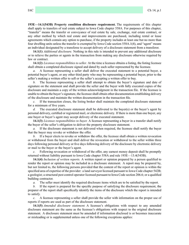 Property Condition Disclosure Requirements (Iowa Administrative Code 193E14.1) screenshot