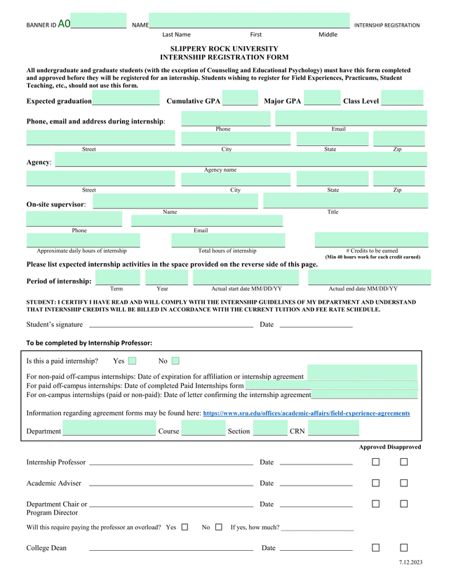 INTERNSHIP REGISTRATION FORM screenshot