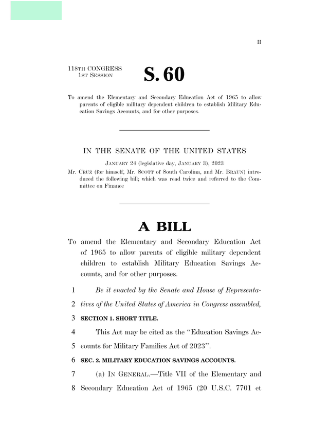 S. 60   Education Savings Accounts For Military Families Act Of 2023 screenshot