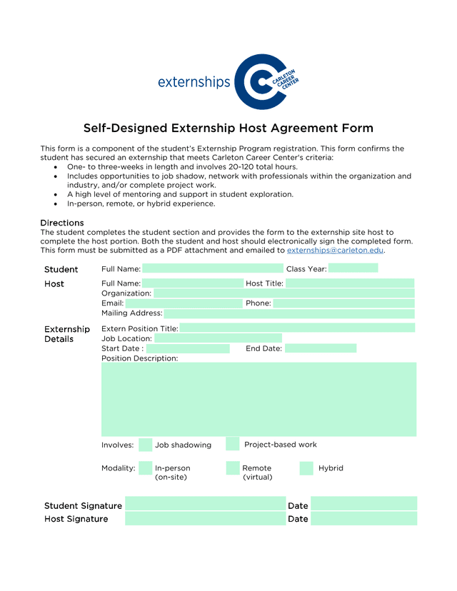 Self Designed Externship Host Agreement Form screenshot