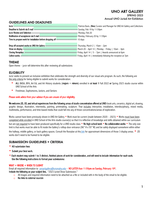 UNO Art Gallery Spring 2023 Annual Juried Art Exhibition Guidelines And Deadlines screenshot