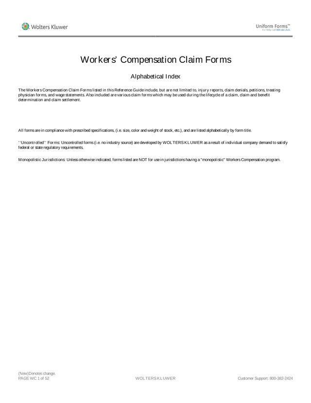 Workers Compensation Claim Forms Alphabetical Index screenshot