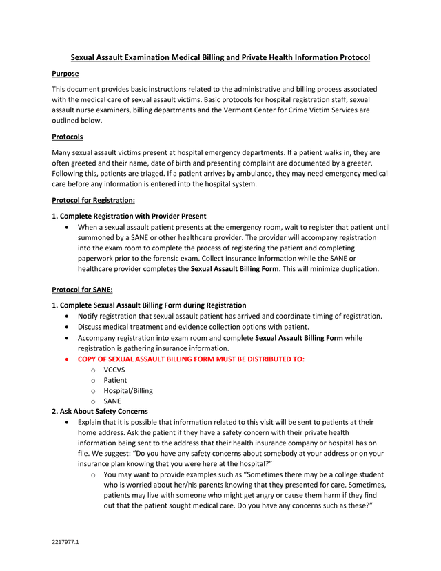 Sexual Assault Examination Medical Billing And Private Health Information Protocol screenshot