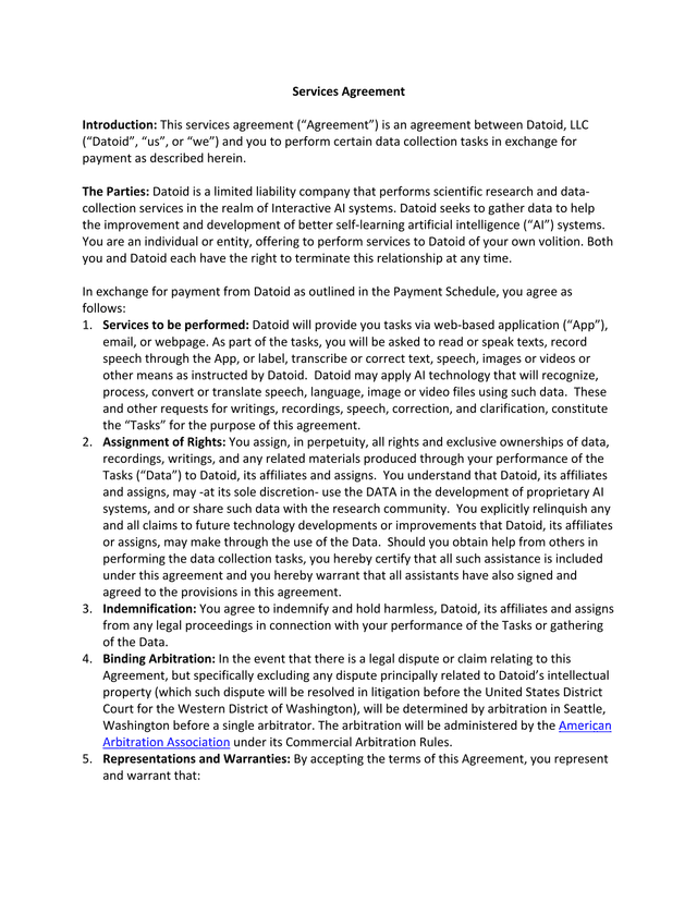 Services Agreement screenshot