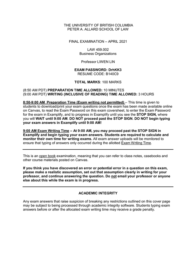 LAW 459.002 Business Organizations Final Examination screenshot