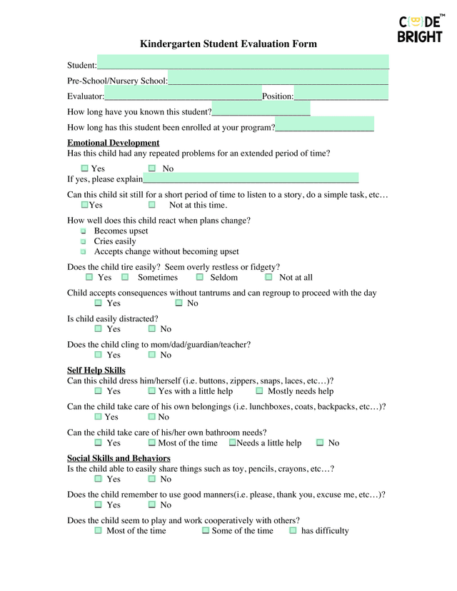 Kindergarten Student Evaluation Form screenshot