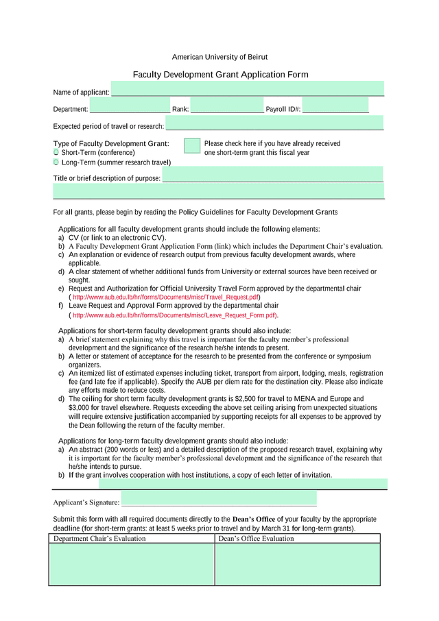 Faculty Development Grant Application Form screenshot