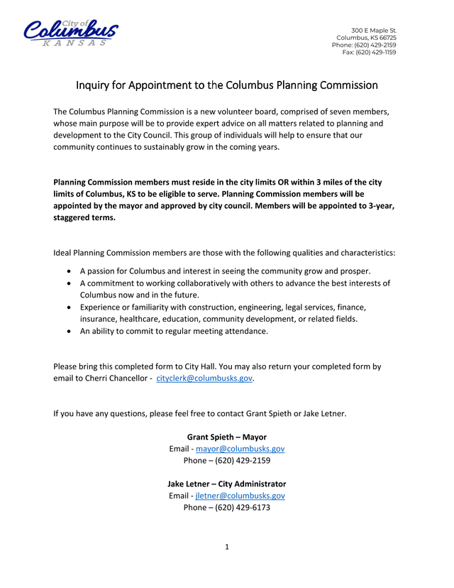 Columbus Planning Commission Inquiry Form screenshot