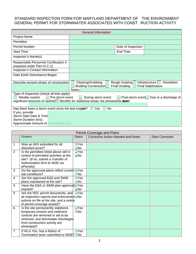 Standard Inspection Form For Maryland Department Of The Environment General Permit For Stormwater As screenshot