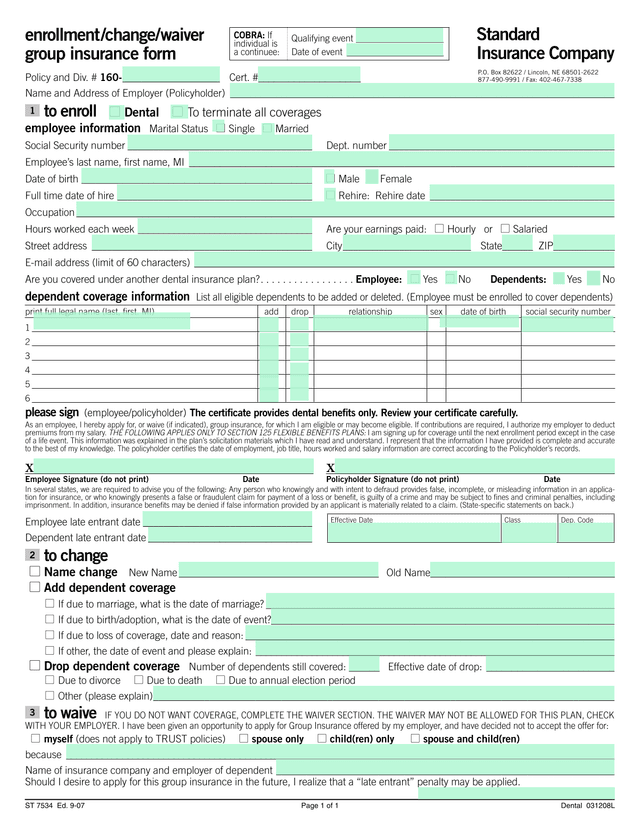 Dental EnrollmentChangeWaiver Group Insurance Form screenshot