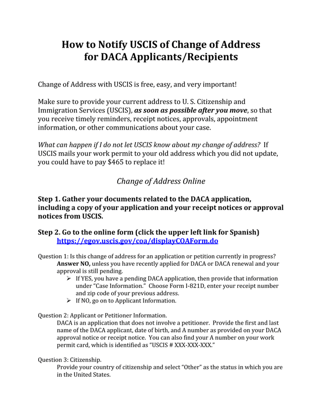 How To Notify USCIS Of Change Of Address For DACA ApplicantsRecipients screenshot