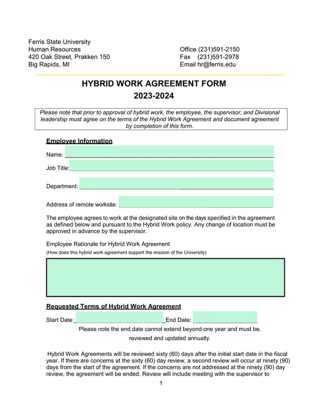 Hybrid Work Agreement Form screenshot