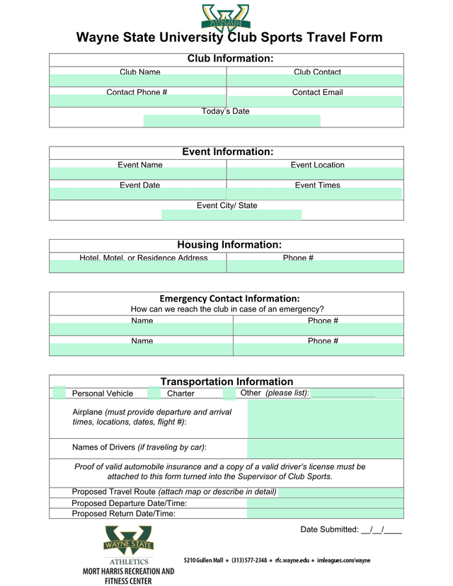 Wayne State University Club Sports Travel Form screenshot