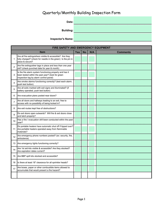 QuarterlyMonthly Building Inspection Form screenshot
