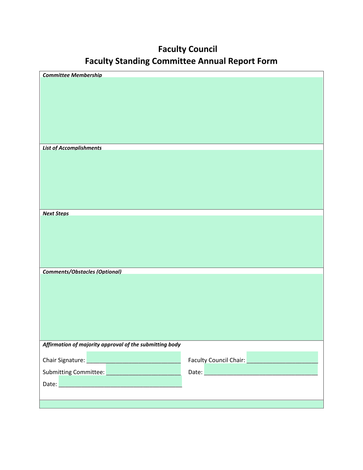 Faculty Council Faculty Standing Committee Annual Report Form screenshot