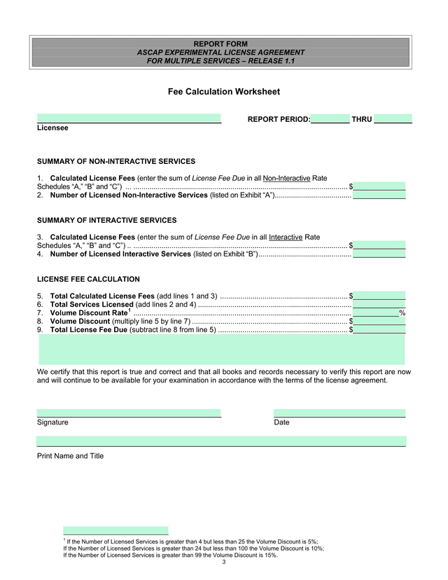 ASCAP Experimental License Agreement Fee Calculation Worksheet screenshot