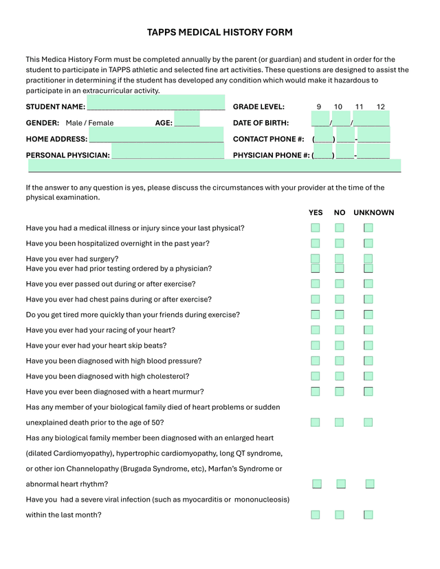TAPPS MEDICAL HISTORY FORM screenshot