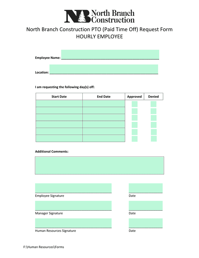 North Branch Construction PTO (Paid Time Off) Request Form screenshot