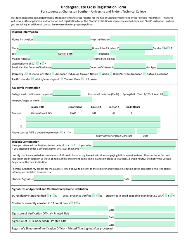 Undergraduate Cross Registration Form screenshot