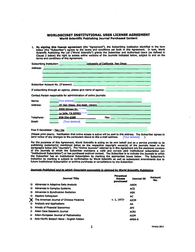 WorldSciNet Institutional User License Agreement screenshot