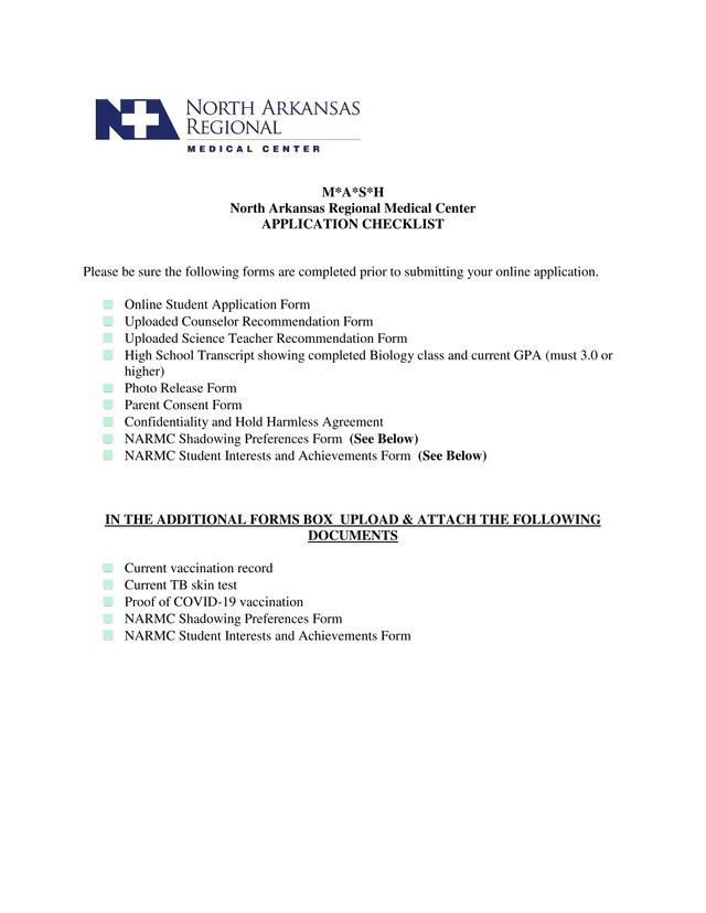 MASH North Arkansas Regional Medical Center APPLICATION CHECKLIST screenshot