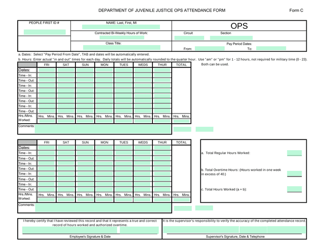 DEPARTMENT OF JUVENILE JUSTICE OPS ATTENDANCE FORM screenshot