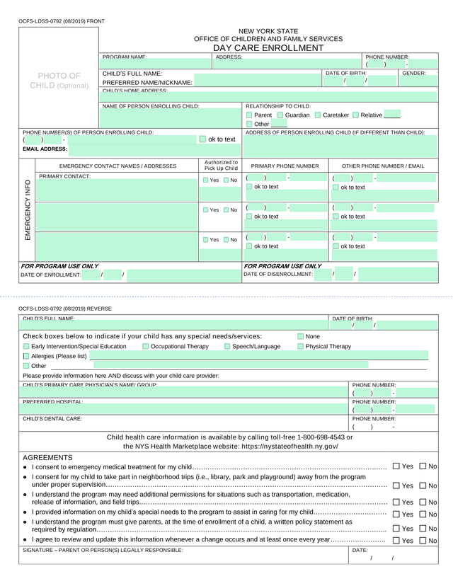 OCFS LDSS 0792 Day Care Enrollment screenshot
