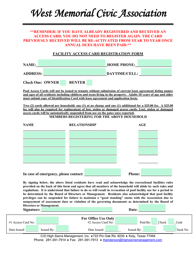 Facility Access Card Registration Form screenshot