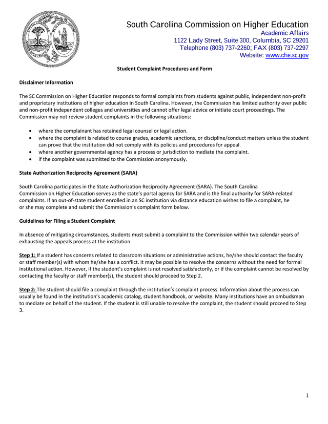 Student Complaint Procedures And Form screenshot