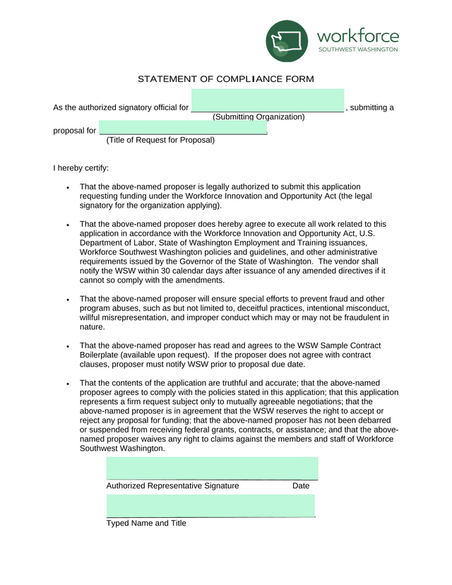 Statement Of Compliance Form screenshot
