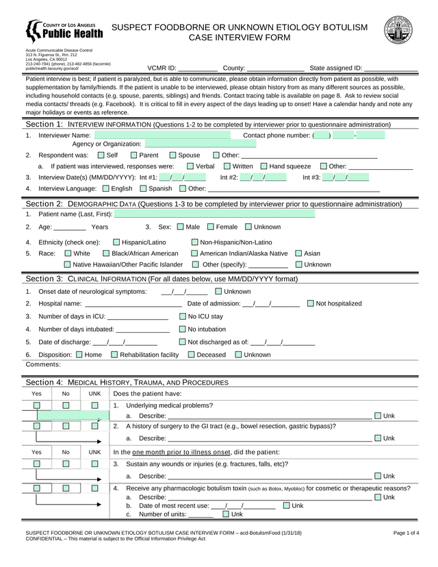 Suspect Foodborne Or Unknown Etiology Botulism Case Interview Form screenshot