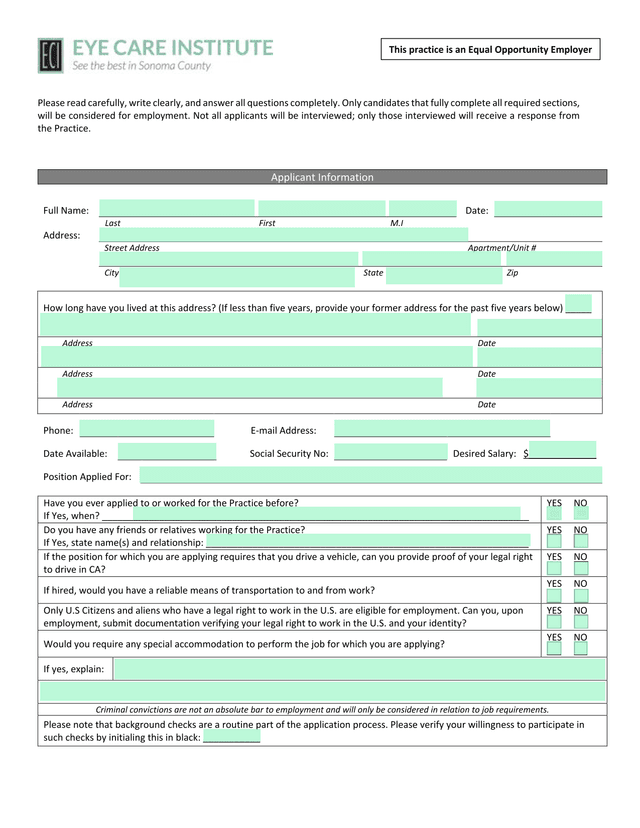 Employment Application Form screenshot