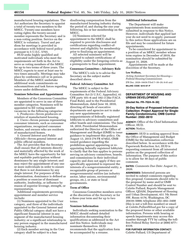 Manufactured Housing Consensus Committee (MHCC) Nomination Notice screenshot