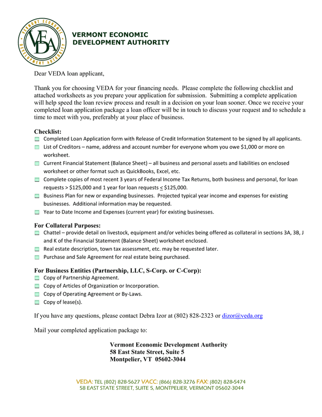 VEDA Loan Application Checklist screenshot