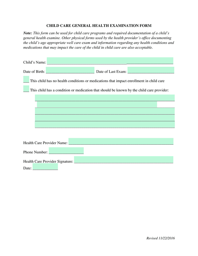 Child Care General Health Examination Form screenshot