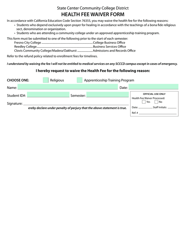 Health Fee Waiver Form screenshot