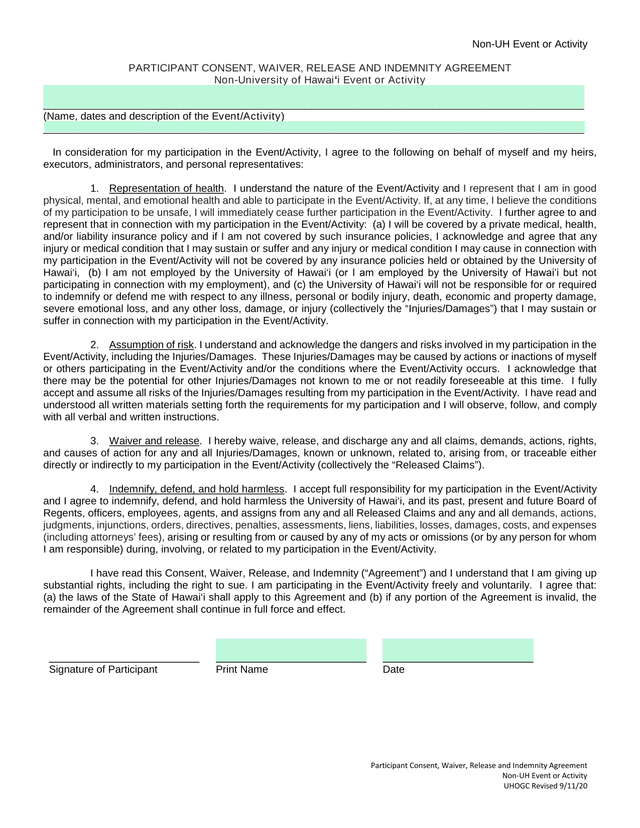 Non UH Event Or Activity Participant Consent, Waiver, Release And Indemnity Agreement screenshot