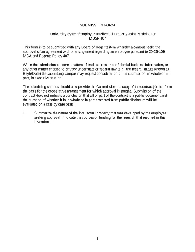 University SystemEmployee Intellectual Property Joint Participation MUSP 407 screenshot