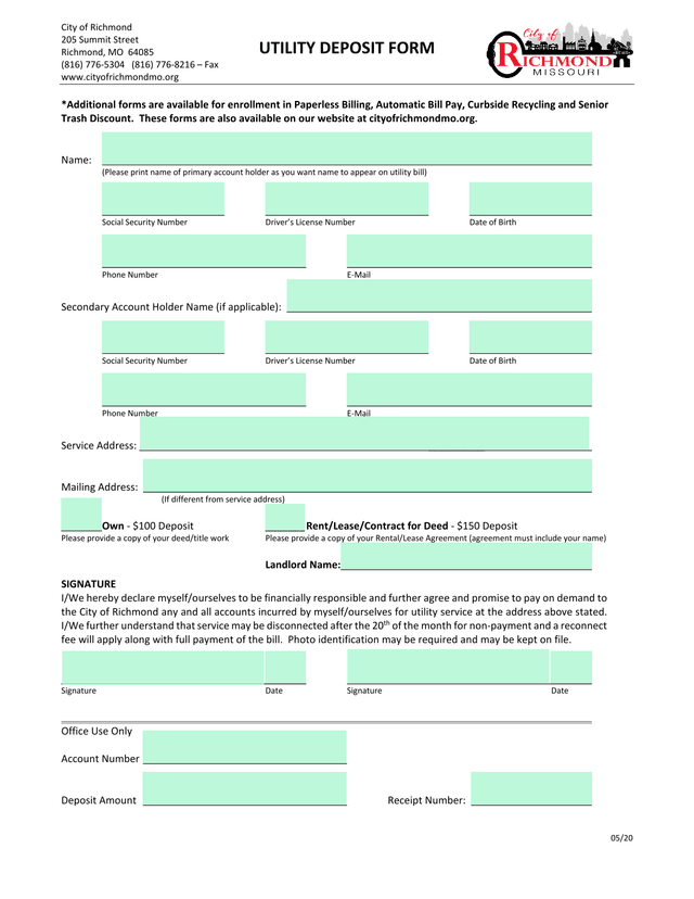 Utility Deposit Form screenshot