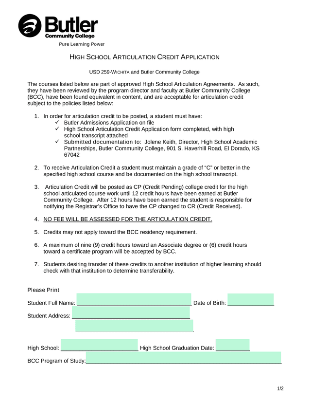HIGH SCHOOL ARTICULATION CREDIT APPLICATION screenshot