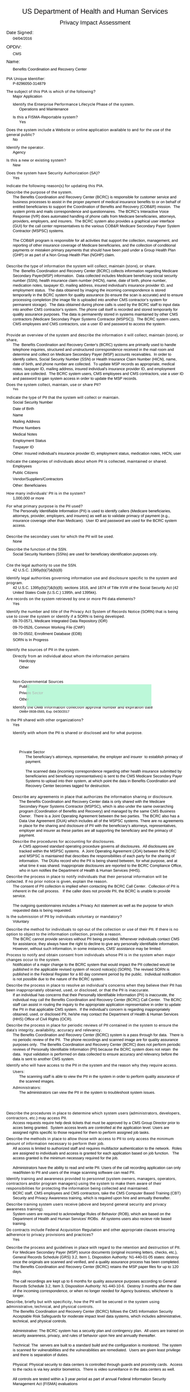 Privacy Impact Assessment Benefits Coordination And Recovery Center screenshot