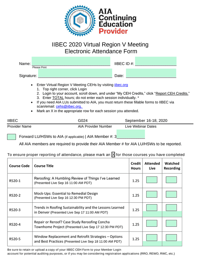 IIBEC 2020 Virtual Region V Meeting Electronic Attendance Form screenshot