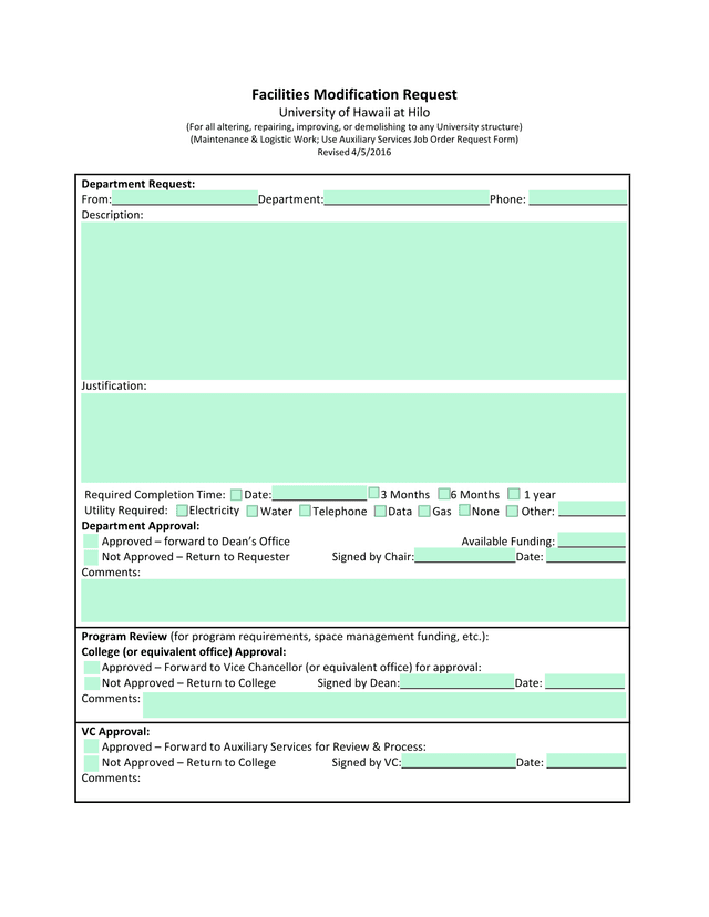 Facilities Modification Request screenshot