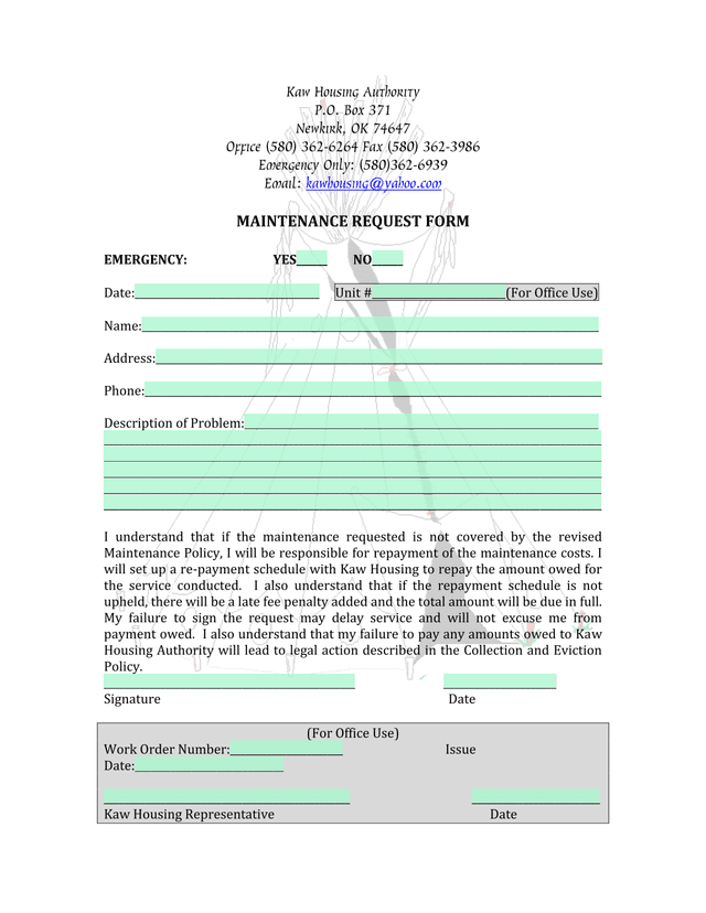Maintenance Request Form screenshot